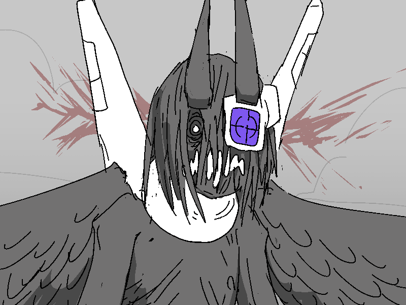The Bastard's eyes are wrenched wide open, and his teeth are gritted hard enough to bleed. If he had blood.