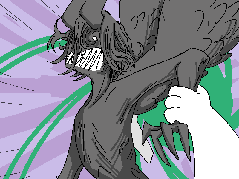 Allen grabs the Bastard round his wrist and pulls him helplessly earthward.