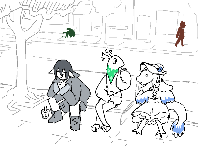 Jiro, Glard and Sitara are sitting along main street. They have bubble tea. Glard is all dressed up fancy in a frilly dress and a bonnet.