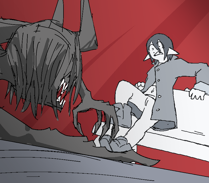The Bastard crawls across the pavement toward Jiro. Jiro backs up, climbs up onto the bench to get away.