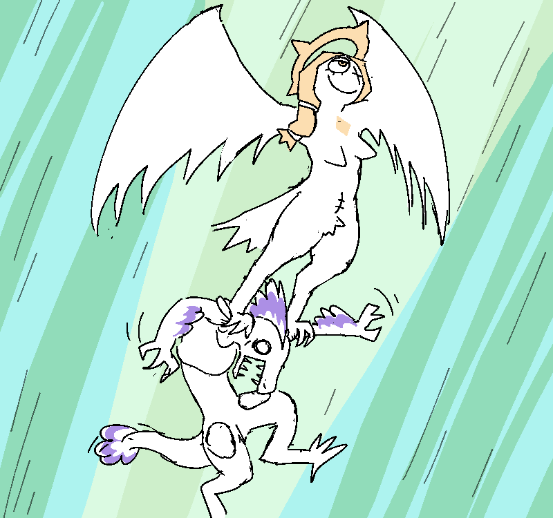 The grunt flails helplessly against the harpy angel's grip as they carry him up into the sky.