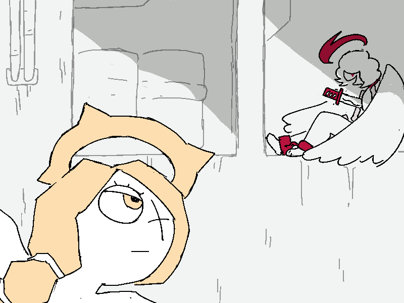 The goth angel (last seen stealing doodads from the flight deck) sits in a shadowed nook and calls out to the harpy.