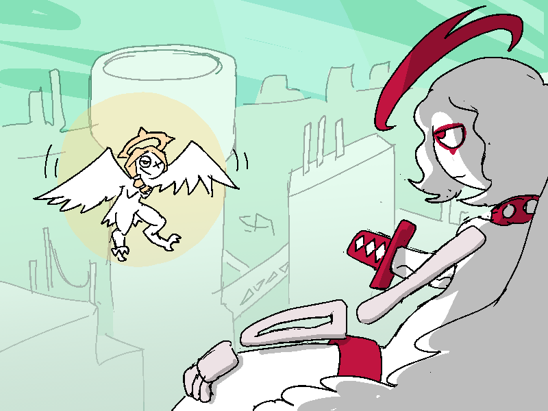 The harpy sassily flutters their wings.