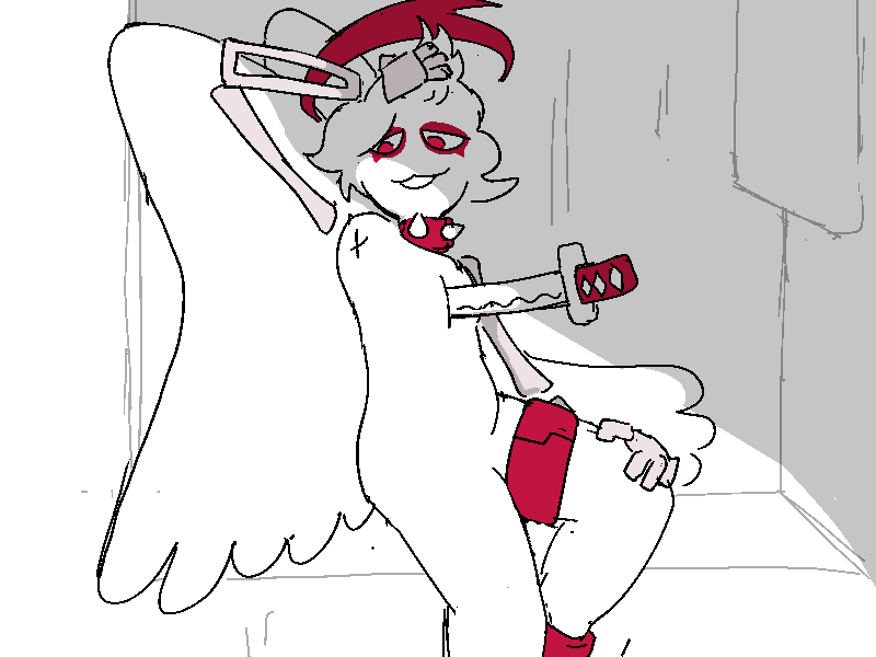 The goth angel sits up and pushes the hair out of their face with a bony arm.