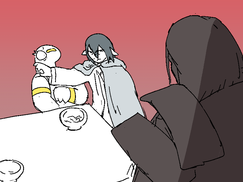 Mercy hovers over Sunny and Jiro, both still sitting under their mock kotatsu. Sunny has frozen up like a frightened lamb, Jiro bars an arm across her in a protective gesture.